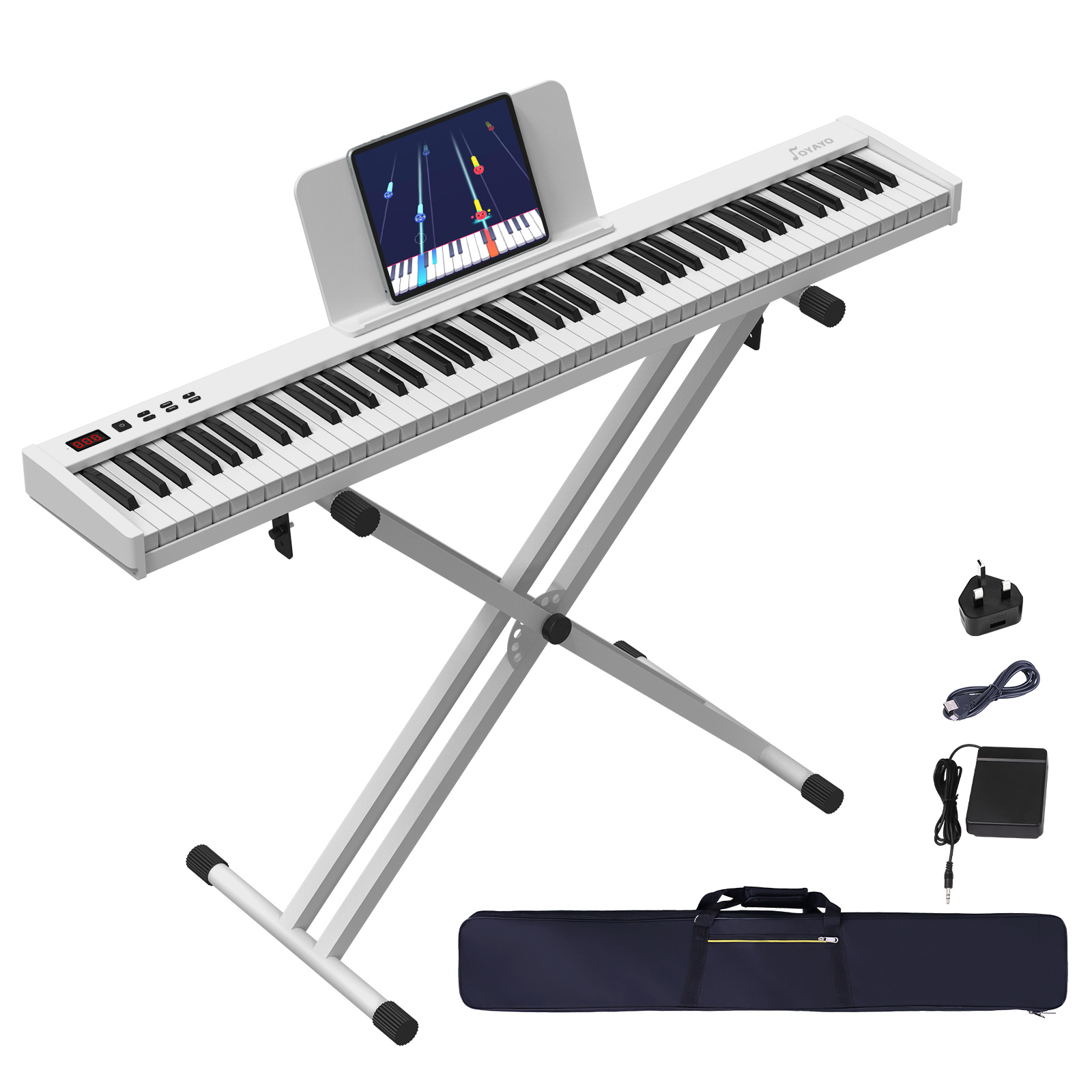OYAYO 88 Key Semi Weighted Keyboard Piano, Full Size Digital Piano with Double X Stand, Portable Keyboard Piano for Beginner Include Sustain Pedal, Power Supply and Piano Bag - White