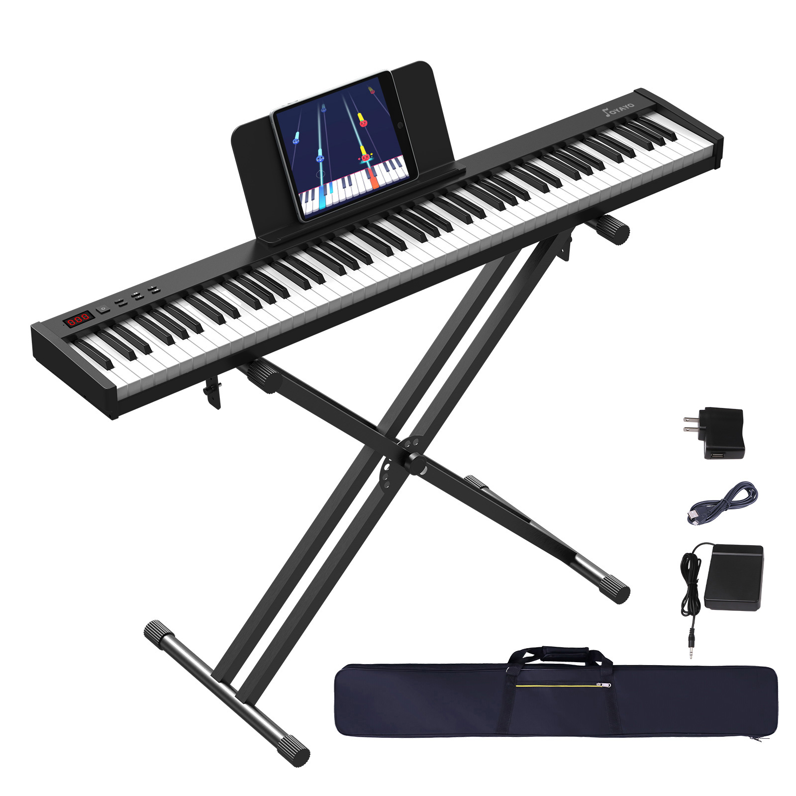 OYAYO 88 Key Semi Weighted Keyboard Piano, Full Size Digital Piano with Double X Stand, Portable Keyboard Piano for Beginner Include Sustain Pedal, Power Supply and Piano Bag - Black